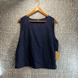 HALOGEN Sleeveless Navy Blue Tank Top Shirt Sz XL Linen Rayon Slit NWT